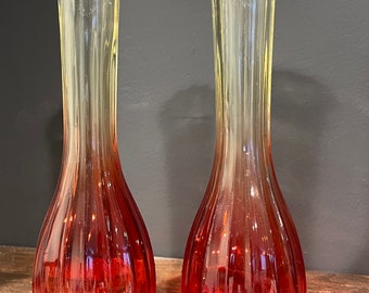 Pair of Vintage Jeannette Glass Amberina Bud Vases, Mid Century Orange to Yellow, Scalloped Rim, 8.5” Tall, Retro Flower Vases