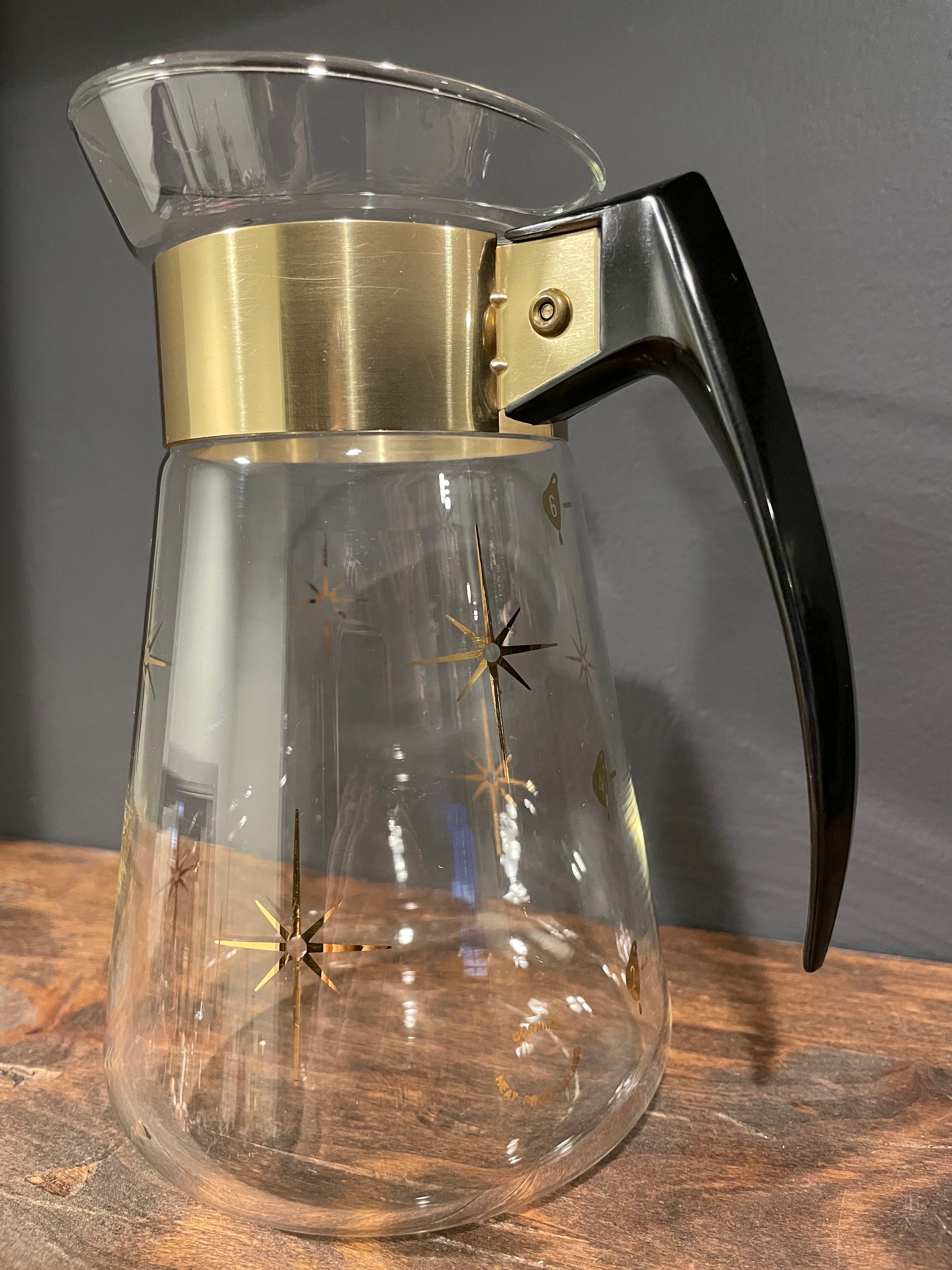 Vintage Glass Coffee Carafe, Corning Glass, Gold Atomic Starburst