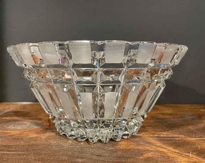 Vintage Lead Crystal Oval Bowl, Hollywood Regency, Cross Hatch Art Deco