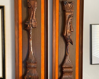 Vintage Tiki Island Style Witco Large Scale King & Queen Chess Pair Carved Wall Hangings