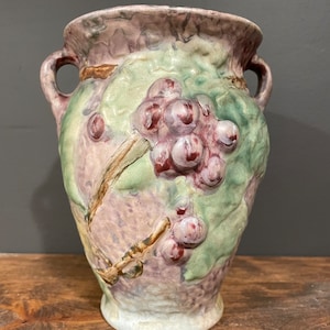 Vintage Weller Pottery Silvertone Double Handled Vase, Watercolor Grapes, 1920s