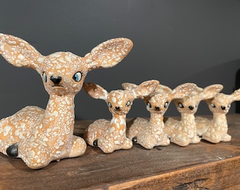 Retro Mid Century Deer Family, Ceramic Figurines, Set of 5, Matte Salty Glaze, Vintage MCM, Cute MCM Christmas, Winter Decor, 1950s