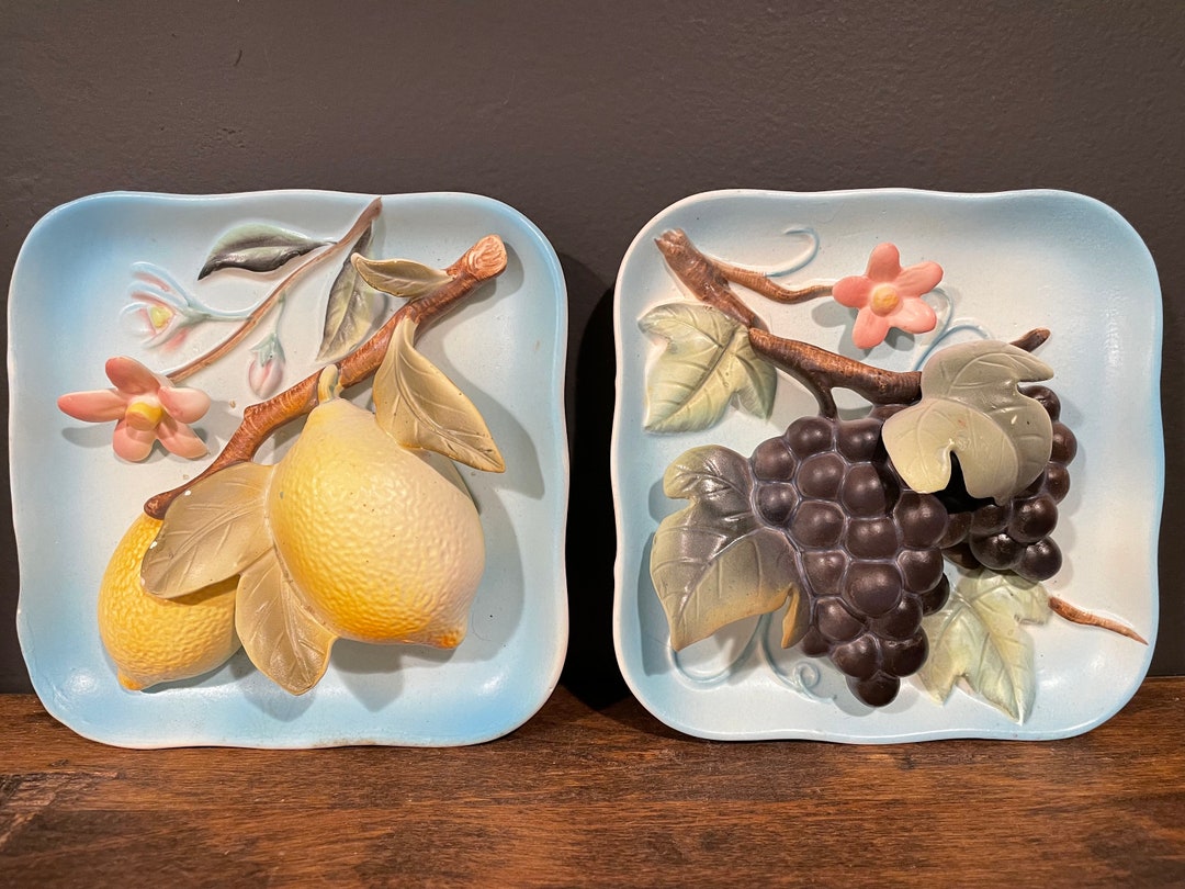 Vintage Napco Ceramics Japan 3D Relief Fruit Tiles, Ceramic Lemons Tile