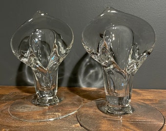 Vintage Cambridge Glass Pristine Pattern Calla Lilly Candle Holder Pair, Set of 2, Clear Blown Glass Candle Holders, 1937-1958, Mid Century