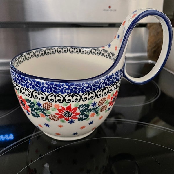 Polish Pottery Large Handled Bowl, Christmas Pinecone Poinsettia Star Design, Ceramika Artystyczna Stamped, Soup Mug