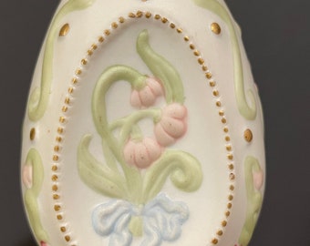 Vintage Bisque Porcelain Floral Decorated Egg by Franklin Mint, 1988 Collector’s Treasury Cybis Egg, Embossed Floral Easter Egg
