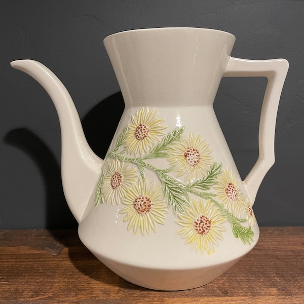 Vintage Teapot with Daisies, Black-Eyed Susans, Hand Painted, 1975, Retro Flower Power Kitchen