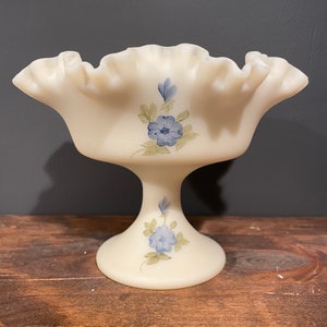 Vintage Fenton White Satin Compote: Hand-Painted Blue Flowers, Frilly Ruffle Bowl