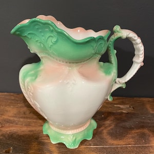 Anique Ironstone Pitcher by J&G Meakin, Hanley, England, Green and Pink Design, circa 1900, 7” Tall
