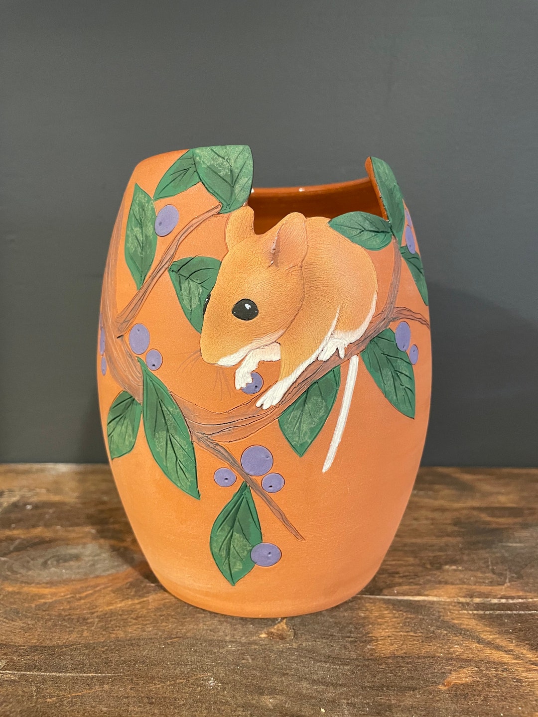 Vintage Artisan Crafted Terracotta Vase With Sculpted Mouse and Berry