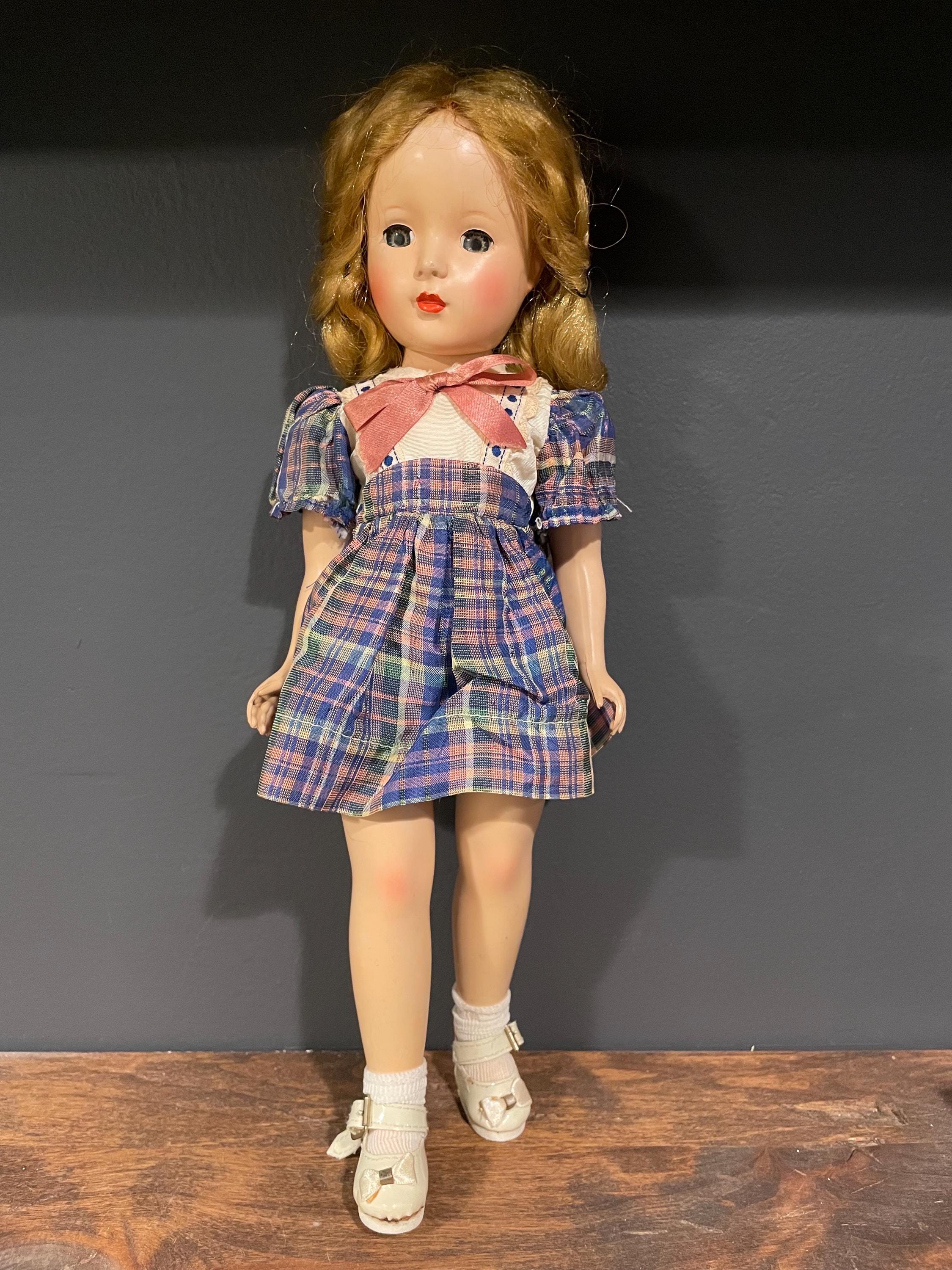 Vintage Doll 1950s, Made in USA, Hard Plastic with Jointed Limbs, Strawberry Blonde Hair and Blue Eyes, Plaid Dress with Bow, 14” Tall