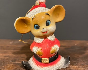 Vintage Mouse Christmas Ornament, Plastic, Santa Suit Mouse, Made in Hong Kong, Retro Holiday Mouse Wearing Santa Suit