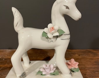 Vintage Ceramic Unicorn with Flowers Figurine, Retro Unicorn with Silver Accents, Unmarked, Mid Century