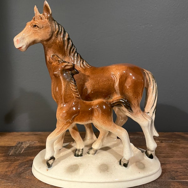 Vintage Ceramic Horses, Mother and Foal, Mare and Foal, Made in Japan, Mid Century Figurine, Equestrian Figure