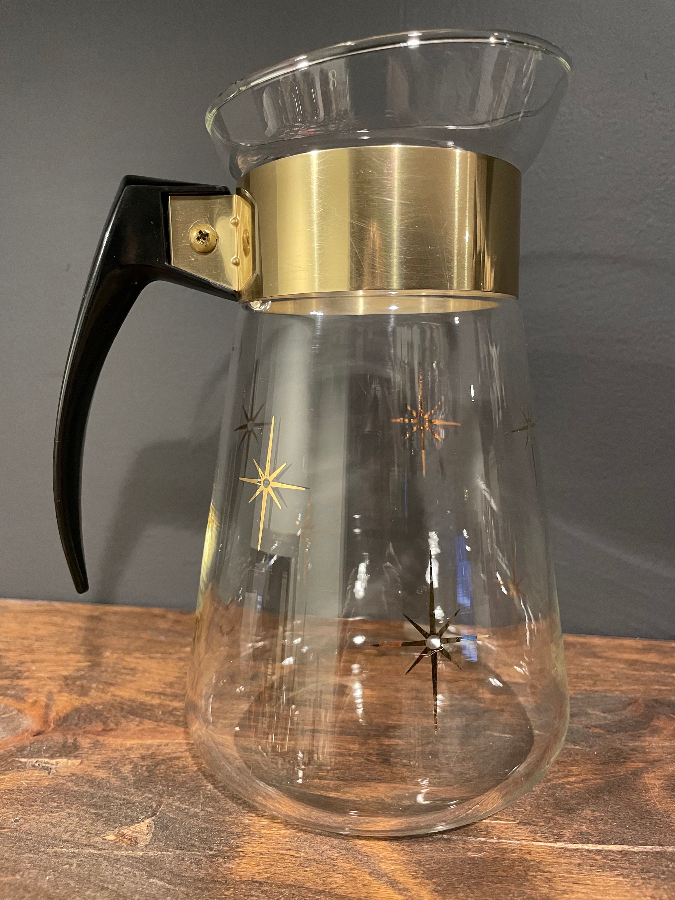 Vintage Glass Carafe Coffee Pot Urn Brown Copper Trim Mid-Century Modern  Kitsch