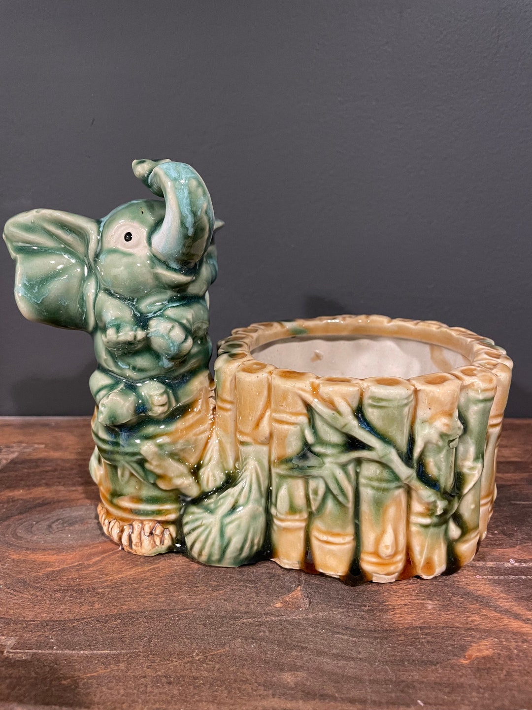 Vintage Ceramic Elephant Bamboo Planter, Retro Small Planter, Blue