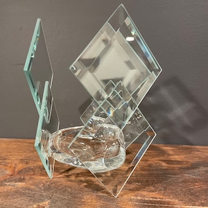 Vintage Beveled Glass Squares Candle Holder, 1980s Retro Glass Tealight Holder, Stacked Beveled Glass Three Sided Modern Candle Holder