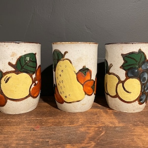 Vintage Napcoware Shibui Stoneware Mug Trio, Set of Three, Brown Speckled Mugs with Fruit Designs, Hand Painted, Retro Kitchen, 1960s 1970s
