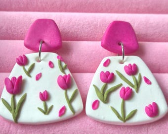Handmade Polymer Clay Tulip Earrings: Floral Spring Jewelry