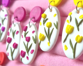 Handmade Polymer Clay Tulip Earrings – Colorful Floral Studs – Spring Statement Earrings – Lightweight & Hypoallergenic
