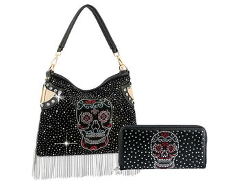 Sugar Skull Beaded Handbag and Purse Set