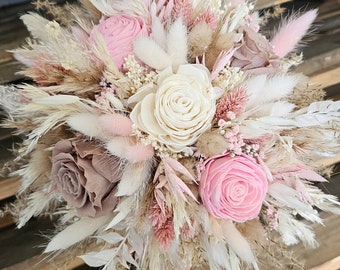 Trockenblumen Brautstrauß rosa weiß beige Boho Hochzeit