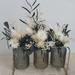 Trockenblumenstrauß schwarz weiß rosa mit Vase im Metallgestell Hochzeit Tischdeko Bild 7