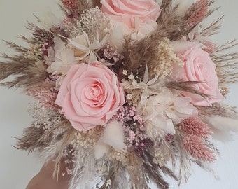 Dried flowers boho bridal bouquet pink white beige pampas