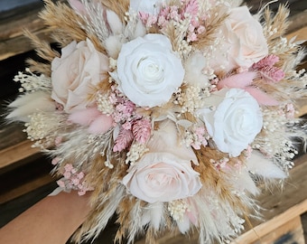 Dried flowers boho bridal bouquet pink white beige pampas