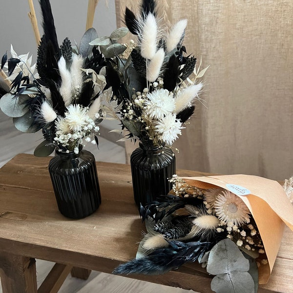Trockenblumen Strauß mit Vase schwarz Hochzeit Tischdeko Eukalyptus Geschenkidee Geburtstag