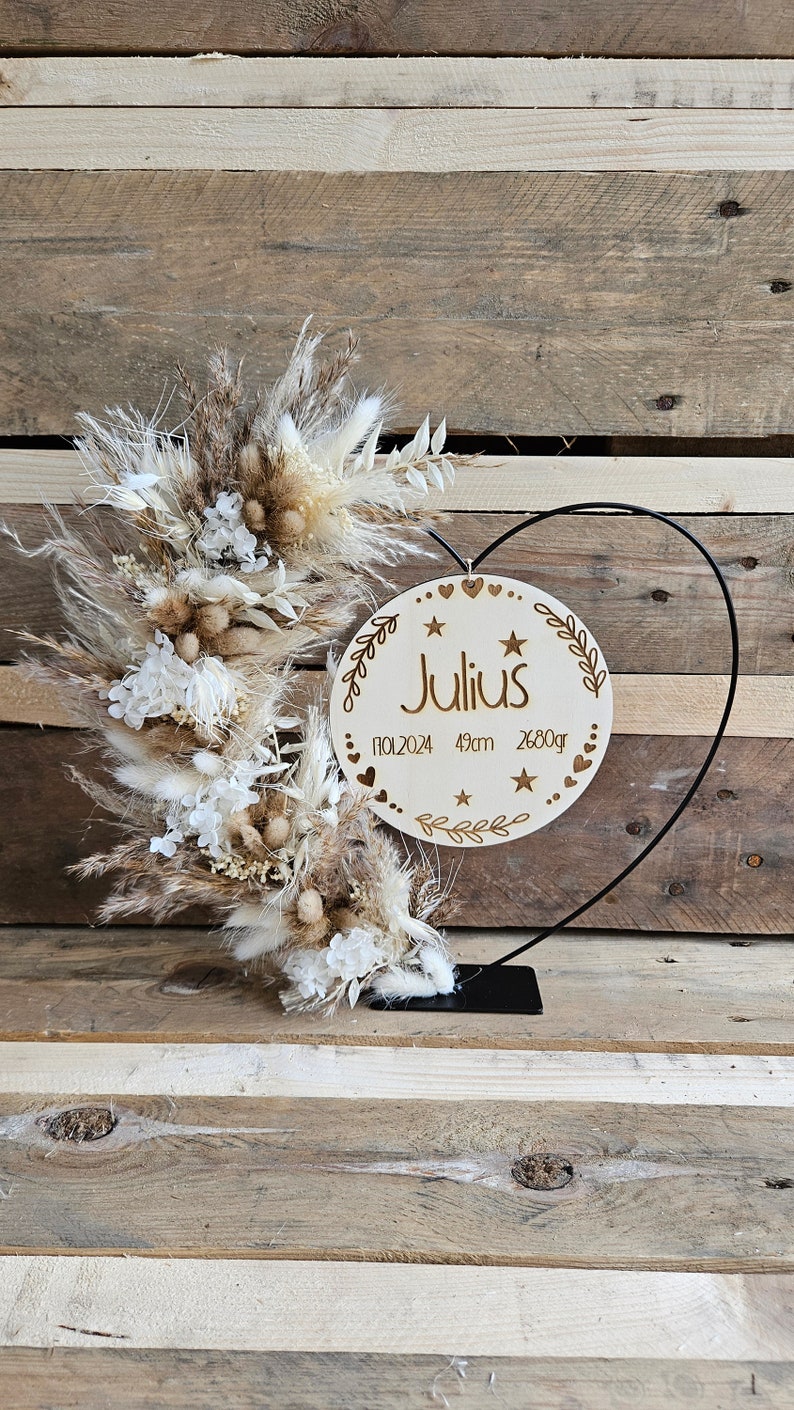Gift for a birth children's room decoration dried flowers heart personalized to place image 2