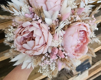 Dried flowers bridal bouquet peonies pink boho wedding