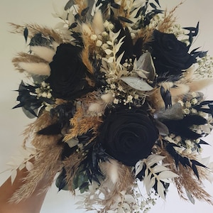 Bridal bouquet of dried flowers black eucalyptus wedding