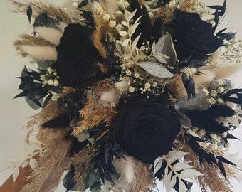 Bridal bouquet of dried flowers black eucalyptus wedding