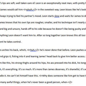 Op de afbeelding: Fragment uit een roman dat een sc&egrave;ne beschrijft tussen de personages Leon en James. De tekst beschrijft hun fysieke interacties en emotionele toestanden, met behulp van beschrijvende taal.