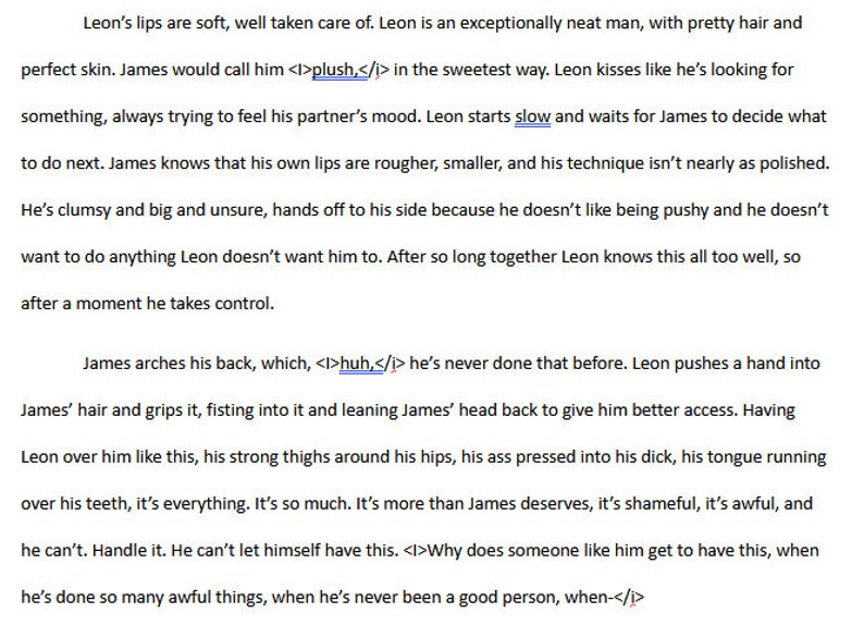 Op de afbeelding: Fragment uit een roman dat een sc&egrave;ne beschrijft tussen de personages Leon en James. De tekst beschrijft hun fysieke interacties en emotionele toestanden, met behulp van beschrijvende taal.