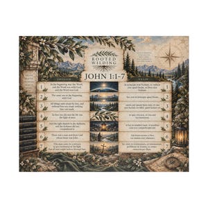 Könnte beinhalten: Ein dekorativer Druck mit dem Titel Rooted Wilding John 1:1-7, der eine zentrale Spalte mit sieben nummerierten Versen auf Englisch und Latein zeigt. Das Design umfasst botanische Illustrationen, eine Windrose, eine Laterne und ein Kreuz vor einer Landschaftskulisse mit Bergen und Bäumen.