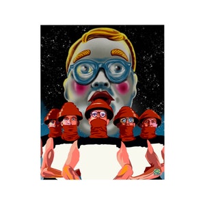 May include: A group of five people wearing orange helmets and red scarves stand in front of a giant, cartoon-like face with blue eyes and a surprised expression. The face is set against a dark blue background with white stars.