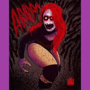 May include: A digital illustration of a person with long red hair wearing a black leotard with a dark red and black design. The person has a pale complexion and a dark red mouth. The background is black with a dark red and black design. The text "ABADDON" is written in red and black in the upper left corner of the image. The text "@TREVOR.ART" is written in white in the lower right corner of the image.