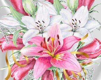 Digital Wedding Bouquet Print Home Decor Stargazer Lily - Pink and White