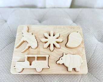 Philippines Puzzle - Wood Puzzle with Natural Finish - Filipino Cultural Icon Toy - Heirloom Puzzle