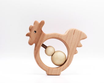 Natural Wood Baby Rattle - Rooster | Hen | Chicken Wood Rattle - Heirloom Rattle for infants, babies & Toddlers - Décor Display for Nursery