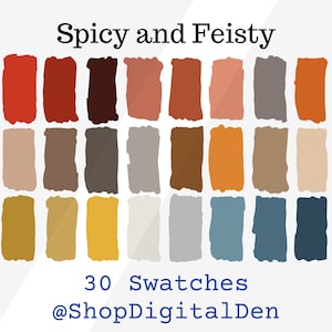 Könnte beinhalten: Eine Sammlung von 30 Farbfeldern in einer Vielzahl von warmen, erdigen Tönen, darunter Rot-, Orange-, Braun- und Beigetöne. Der Text "Spicy and Feisty" steht oben, mit "30 Swatches" und "@ShopDigitalDen" unten.