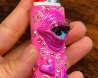 Handmade Vibrant Pink Eyeball Lighter Case with Eyelashes!!