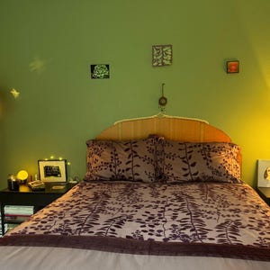 Può includere: Camera da letto con letto coperto da un copriletto a fantasia floreale e federe abbinate. La testiera è in legno. Un comodino nero con lampada, foto incorniciata e libri. Lampada da terra e decorazioni murali.