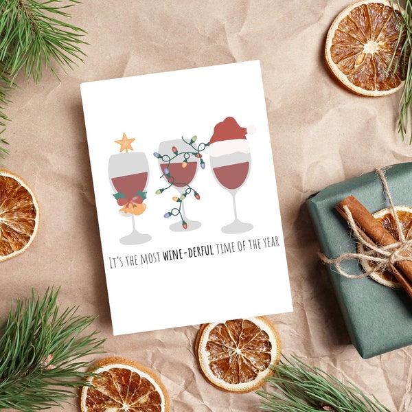 Most Wine-der Ful Time of the Year, Funny Alcohol Pun Christmas Card, Greeting Card, Blank Inside, Adult Christmas Card, For her, for him