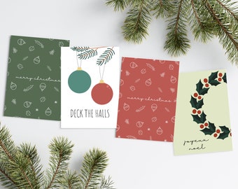 Red and Green Xmas Cards Bundle, Simple Christmas Cards, Minimalistic Greeting Cards,  Blank Inside