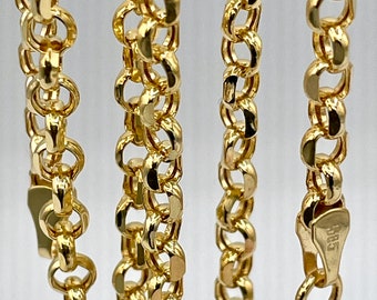 Collar de cadena Rolo de oro macizo de 14K, cadena de oro de eslabón Rolo real de 14Krt, cadena Rolo con corte de diamante para hombres y mujeres, collar de cadena Rolo de 4 mm de ancho.