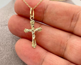 18K Solid Gold Cross Necklace: Real Gold Crucifix Pendant, Cable Chain