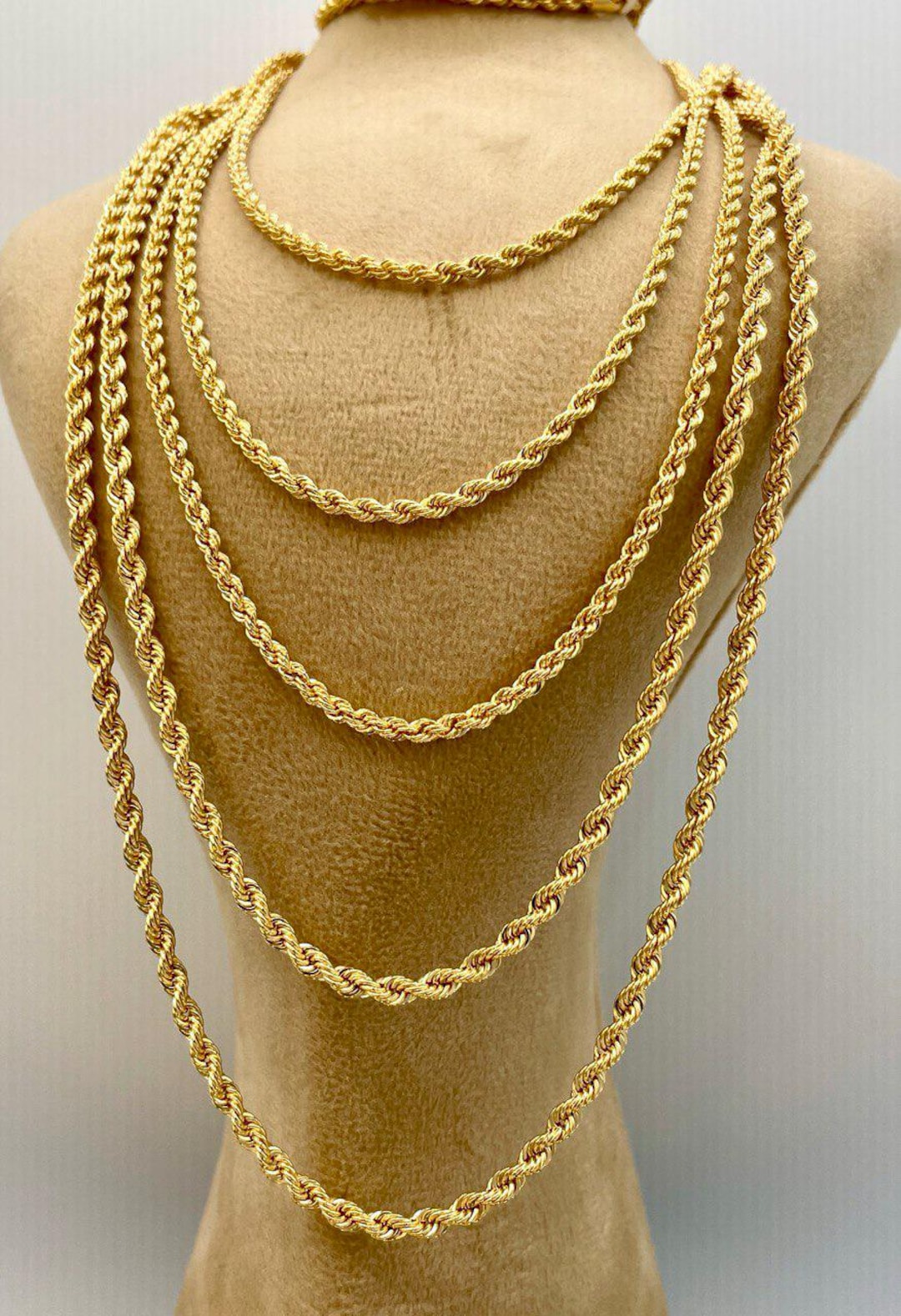 18Kソリッドゴールドロープチェーンネックレス：ダイヤモンドカット